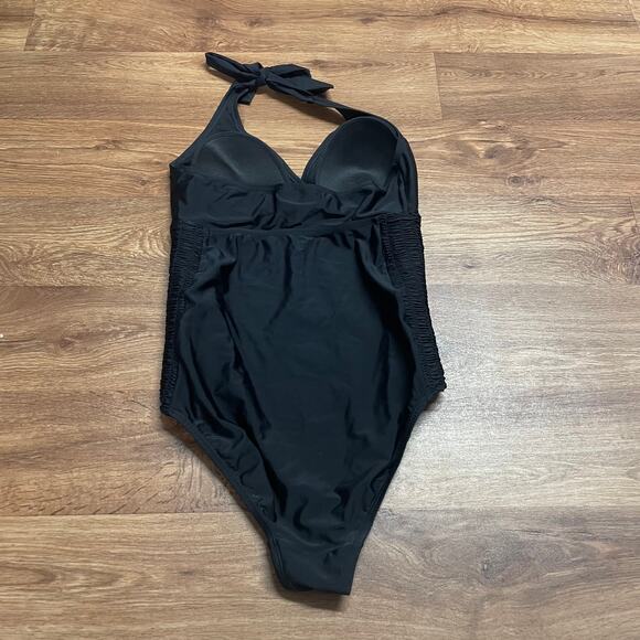 Motherhood Solid Black Halter One Piece Swim Suit Womens Size Medium Maternity - Picture 2 of 8